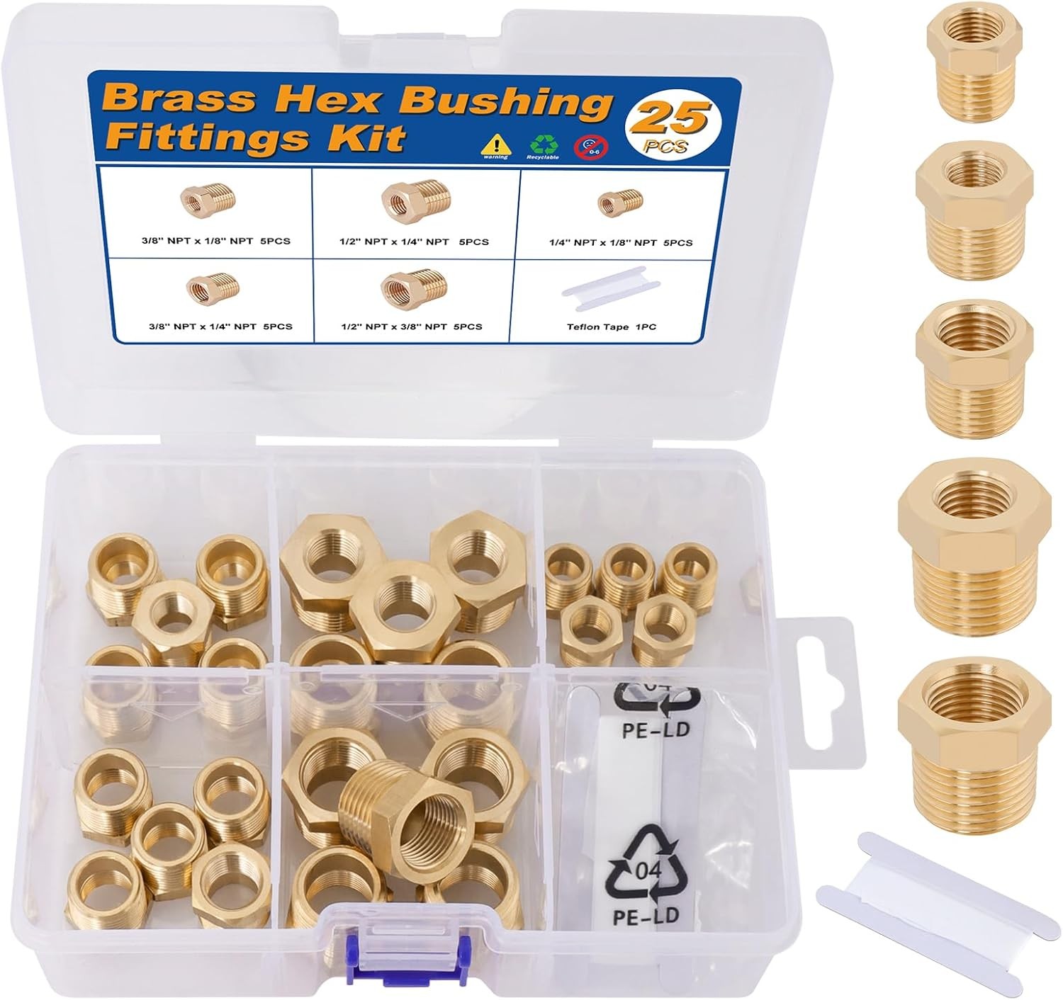 25PCS Brass Hex Bushing Kit Brass Fittings Assortment 1/4" to 1/8", 3/8" to 1/8"