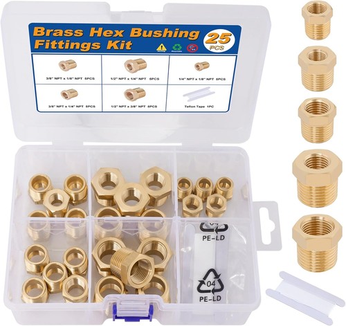 25PCS Brass Hex Bushing Kit Brass Fittings Assortment 1/4" to 1/8", 3/8" to 1/8"