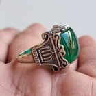 Vintage Victorian Ring Sterling Silver Engraved Green Jade Stone - Size 9.5