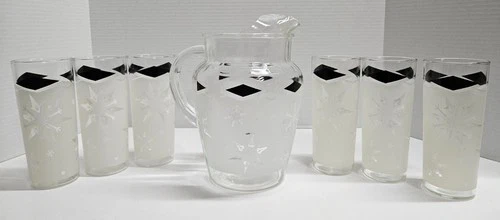 Vintage Anchor Hocking Frosted Snowflake Collins Glasses & Pitcher MCM Set 7 Pc