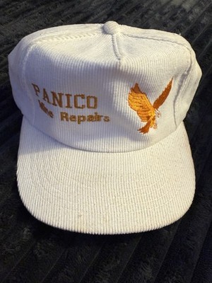 VINTAGE White/Orange Corduroy Baseball Cap Embroidered PANICO Mine Repairs Bird 