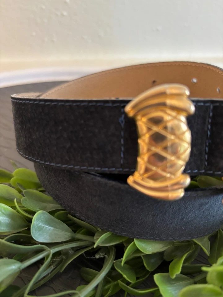 Винтажный элитный темно-синий замшевый ремень Les Creations с декоративной золотой пряжкой дизайн S - Изображение 3 из 4