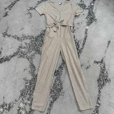 ICHI Womens Striped Jumpsuit Size 38 Tan Cream Belted One Piece Romper Coastal