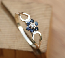 9ct Solid Yellow Gold Flower Ring Sapphires Diamond Size L 1/2 Vintage cleaned