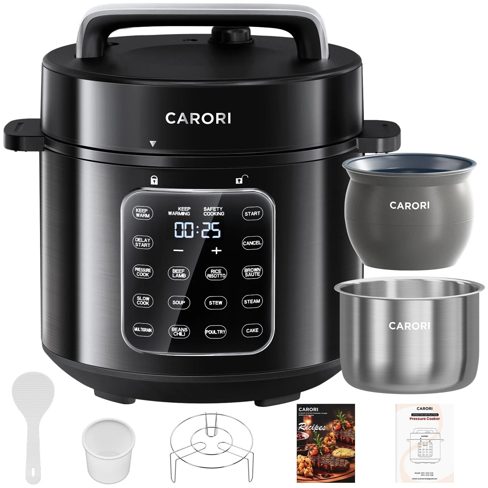 CARORI 9-in-1 Electric Pressure Cooker 6 Qt Dual Inner Pots Stainless Steel Pot