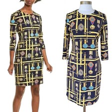J. McLaughlin Catalina Cloth Equestrian Print Blue Gold Pencil Dress, Size S