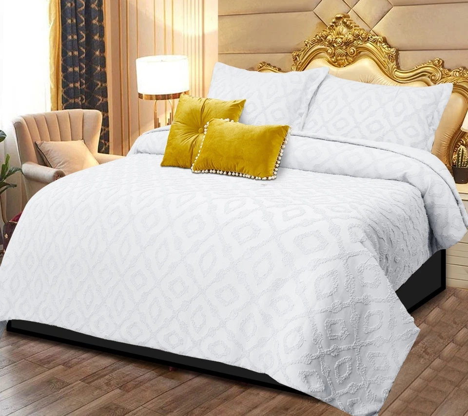 3 Piece Embossed Quilted Bedspread Throw Single Double King Size Bedding Set - Image 3 of 3