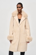 Joseph Ribkoff Feather Yarn And Faux Fur Sweater Coat 243923 In Champagne S