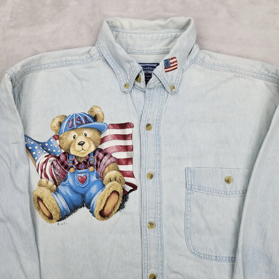 All Sport Denim Shirt Mens Large Blue Jean Button Up Bear USA Flag Vintage Adult - Image 2 of 4