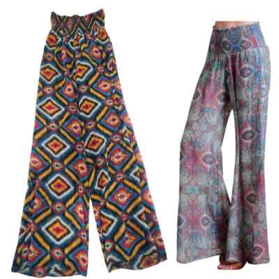 Show Me Your MuMu Roberts Party Pants Small Diamond Ikat Sheer Flare Pink Yellow