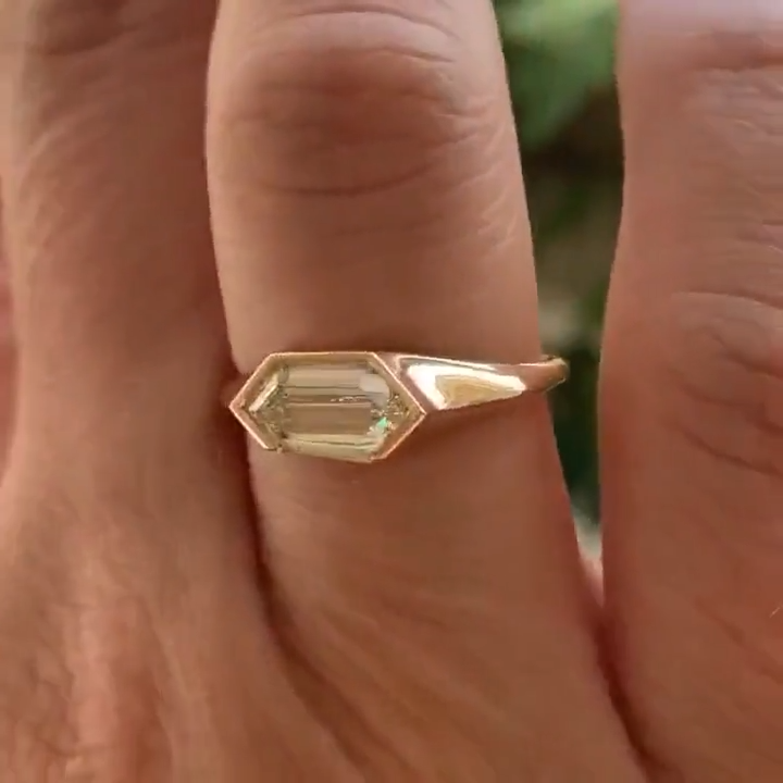 East West Long Hexagon Cut Engagement Ring Solitaire Diamond Bezel