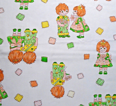 Vintage 70s Gingham Patchwork Orange Yellow Green Heavier Cotton Fabric 45x35''