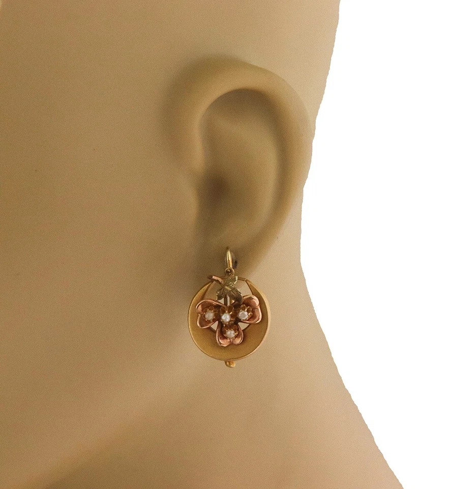 earls Dangle Antique Earrings 14k Yellow & Rose Gold Floral Style - Image 2 of 4