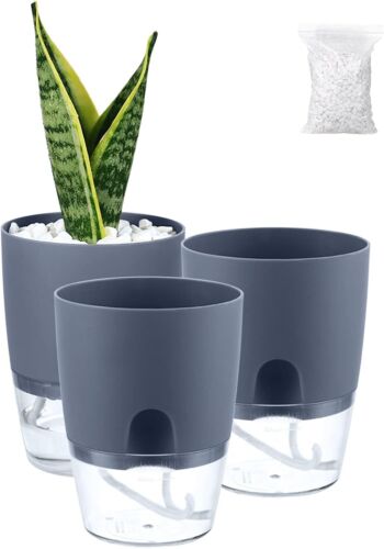 Self Watering Pots for Indoor Plants, Flower Outdoor, 3 Pack 6 In, Gray
