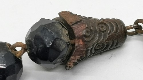 Vtg c1900 Steel Bead, Carved Wood & Black Jet Mourning Pocket Watch Albert Chain - Picture 7 of 12