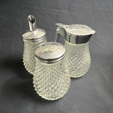 Vintage Clear Diamond Point Cut Glass Creamer, Syrup And Sugar Shaker Set MCM