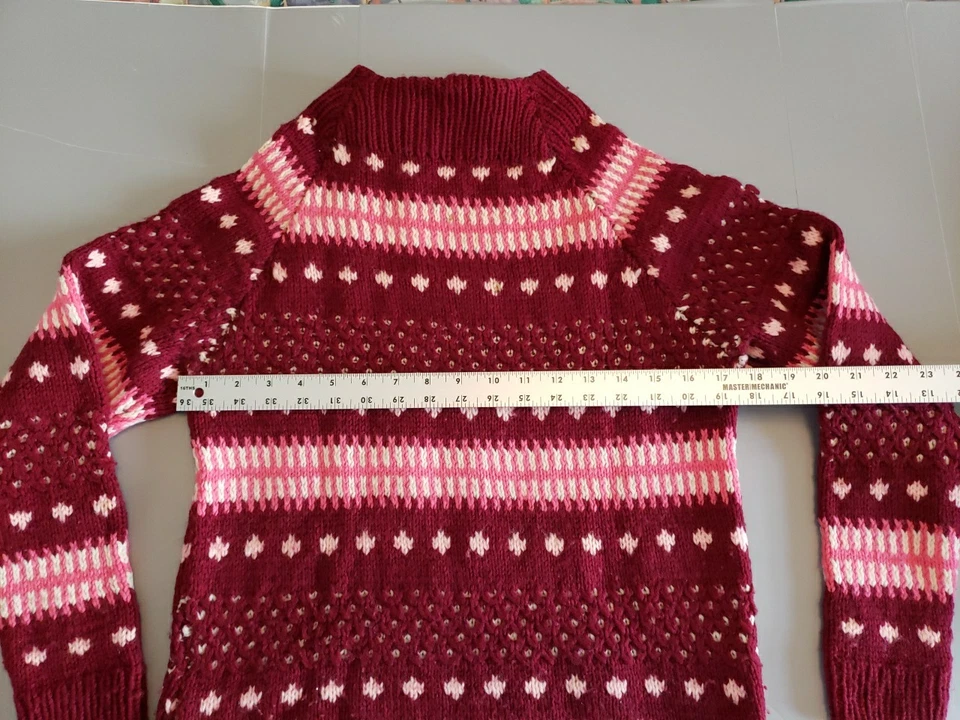 Suéter de lana rojo arándano hecho a mano vintage tejido a mano talla S/M años 80 Foto 2 de 4