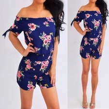 Rue21 Navy Blue Pink Green Floral Off Shoulder Romper Jumpsuit Short Size XS