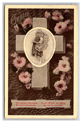 Child With Easter Basket Flowers Cross UNP Embossed DB Postcard R30