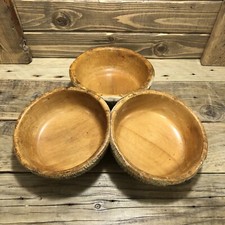 Set Of Three Wooden Attached Serving Bowls Vintage Handcrafted