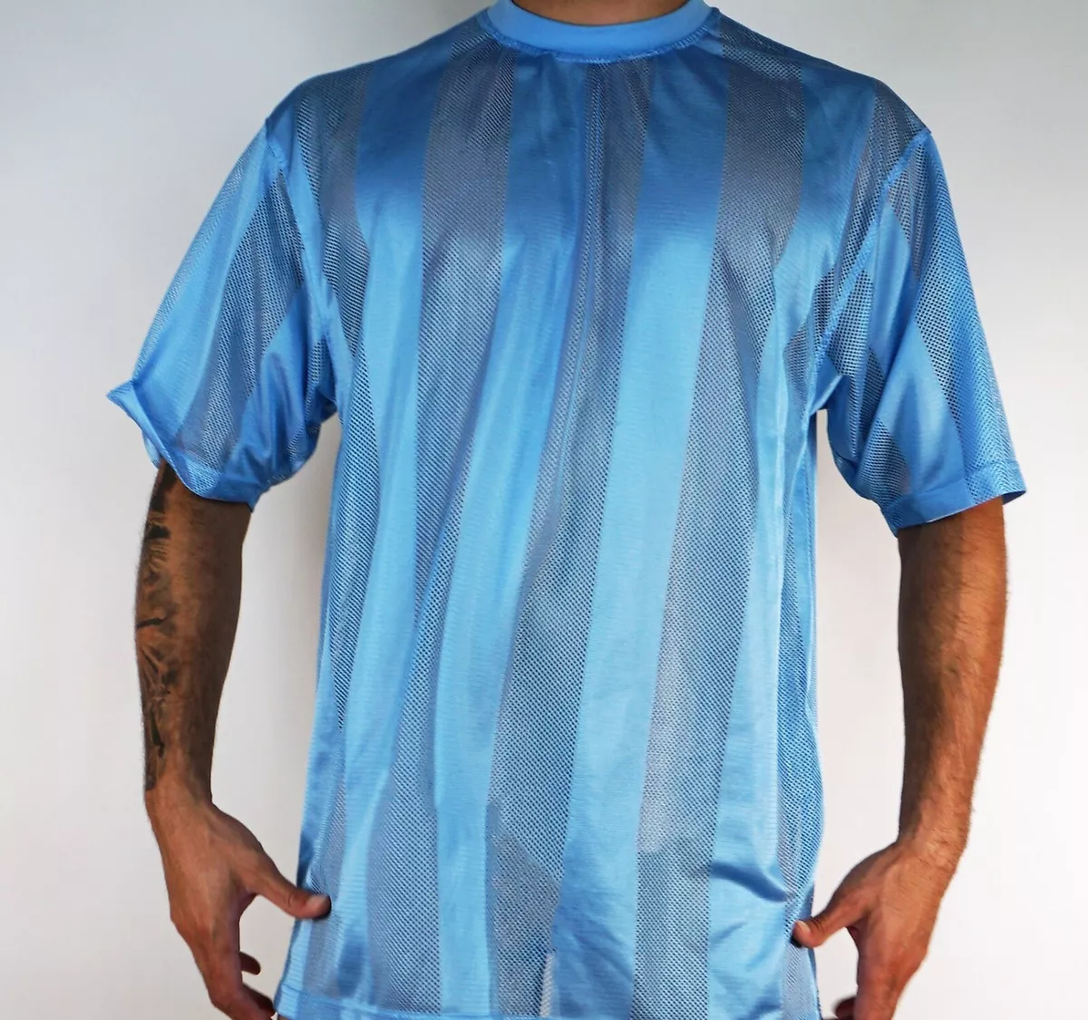 MEN'S LIGHT BLUE MESH STRIPE SHIRT SIZE XL