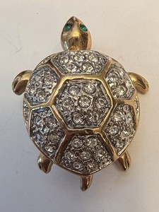 Authentic Turtle Tortoise Yellow Gold Plated Brooch Pin Green Eyes Encrusted Crystals Vtg