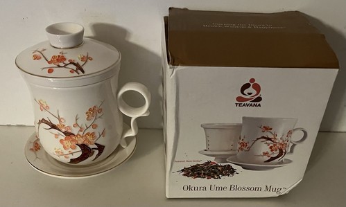 Teavana Okura Ume Blossom Porcelain Mug Cup 12 oz with Infuser/Lid/Saucer + Box - Picture 2 of 22