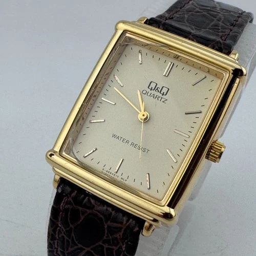 Vintage Q&Q Quartz Watch Unisex Gold Tone Rectangle Leather Analog New Battery