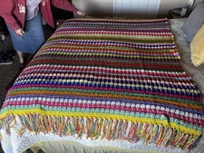 Vintage Handmade Crochet Afghan Blanket 60x80 Granny Stripe Rainbow Fringe  NEW