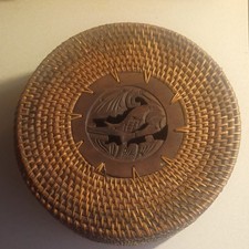 Round Woven Wicker Storage Basket w/ Lid, Bro...