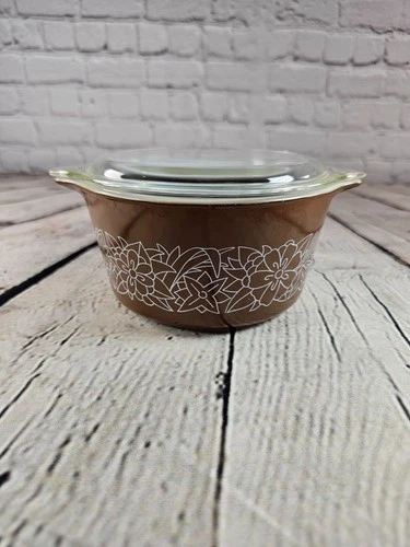 Vintage Pyrex Woodland 473-B 1 Qt Casserole Dish w/ Lid 470-C Brown White Floral