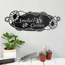 Custom Hanging Garden Metal Sign, Personalized Floral Garden Name Sign