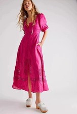 Free People Maxi Dress Women Lisa Pink Lace Smocked Preppy Vacay Boho Large New