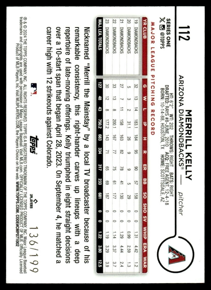 2024 Topps Red Crackle Foil Merrill Kelly 136/199 Arizona Diamondbacks #112 - Image 2 of 2