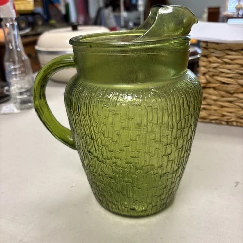 Avocado  Green by Anchor Hocking Pitcher Textured Glass 9 1/2” Vintage