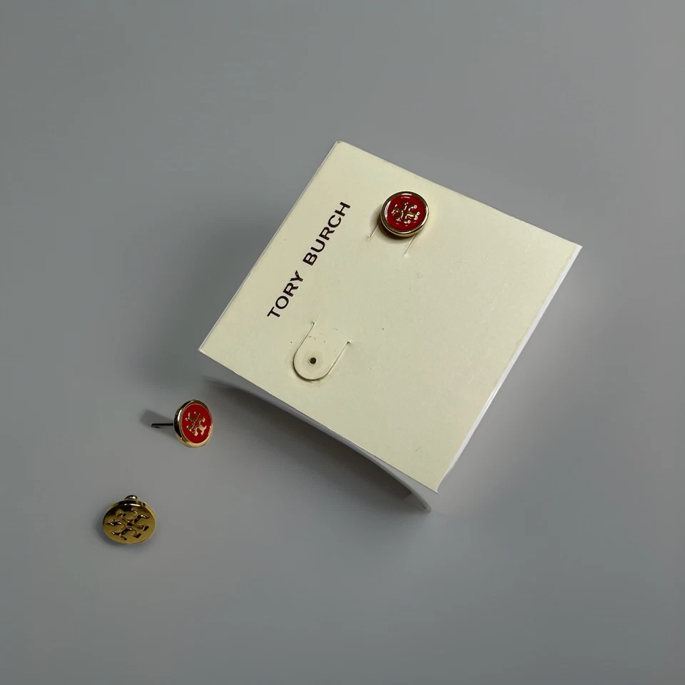 Tory Burch Kira 18K GP Esmalte Rojo Oro Doble T Logo Círculo Aretes $100 Foto 2 de 4