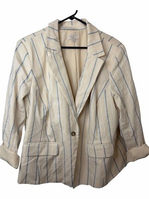 LOFT Cream & Blue Striped Women's Linen Blend Blazer