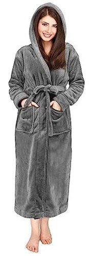 Women's Fleece Hooded Bathrobe Plush Long Spa Robe Medium Steel Grey