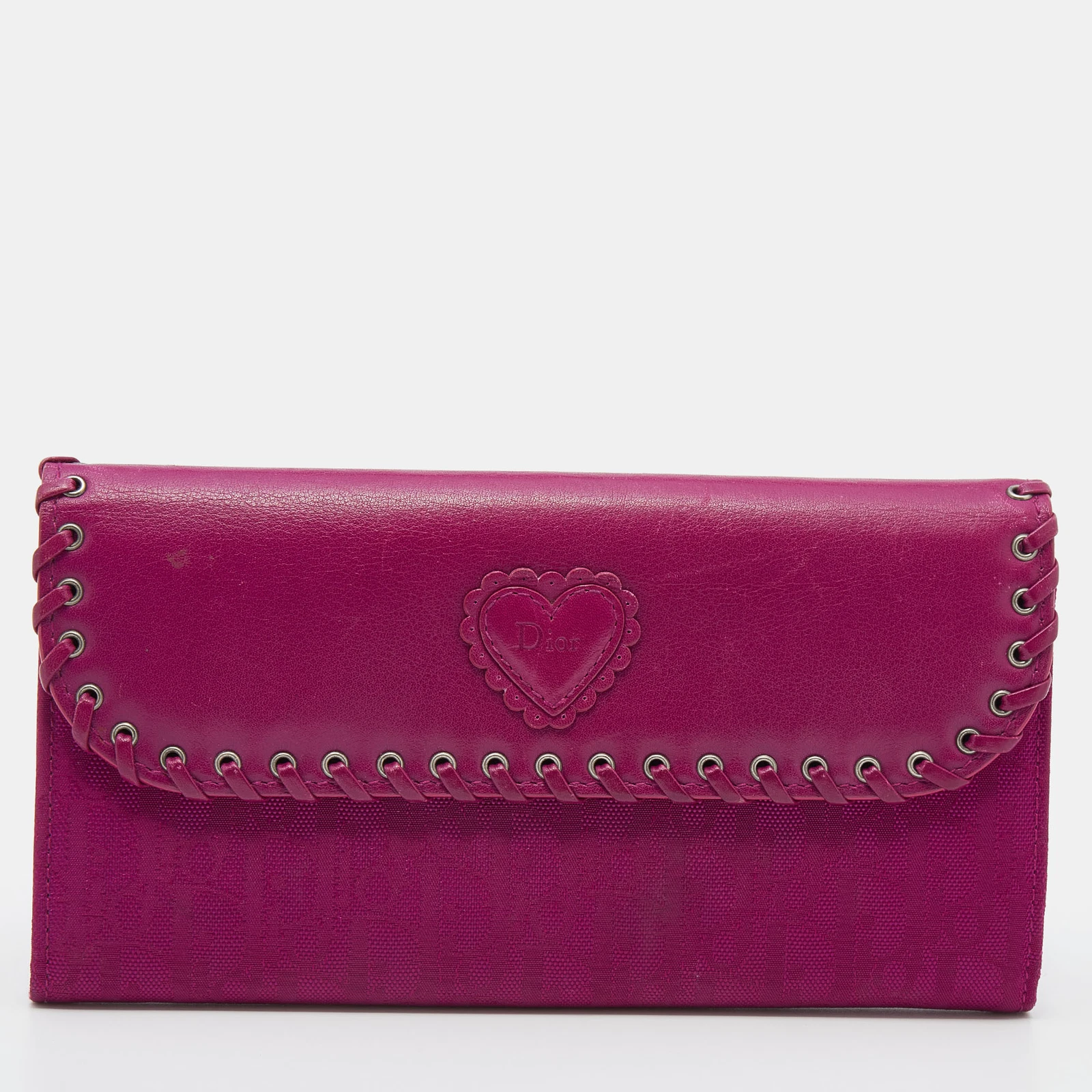 Portefeuille continental à rabat oblique rose Dior en toile et cuir