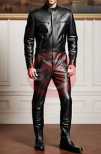 MEN'S REAL SOFT SHEEP LEATHER CATSUIT OVERALL BODYSUIT JUMPSUIT BLACK WITH BELT