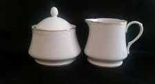 RANMARU COQUILLE D'OR WHITE SUGAR w LID & CREAMER SET GOLD TRIM CRESENT CHINA