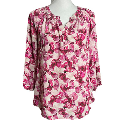 100% Silk Floral Blouse S Max Studio Pink Watercolor Petal Satin Flowy Boho