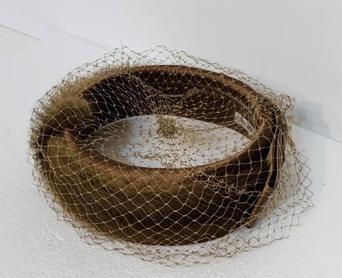 VTG Mink Pillbox Hat Velvet Bows Veil Net Brown 50s 60s Fascinator Union Made - Picture 8 of 13