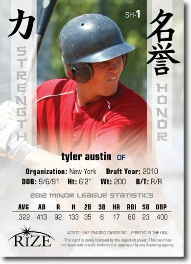 TYLER AUSTIN 2012 Rize Rookie Inaugural PROOF STRENGTH & HONOR RC #/100 - Image 2 of 2