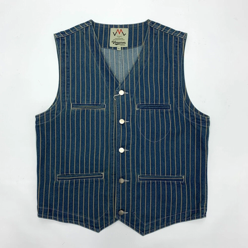 Denim Vest Mens Striped Vest Work Waistcoat Vintage Casual Coat Jacket Tops