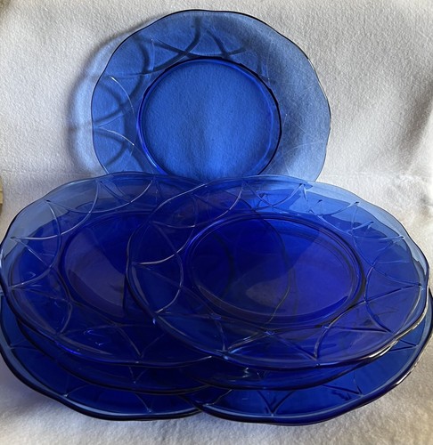 Art Deco Hazel Atlas Cobalt Blue Newport Hairpin 1930’s Glass Dinner Plates NINE