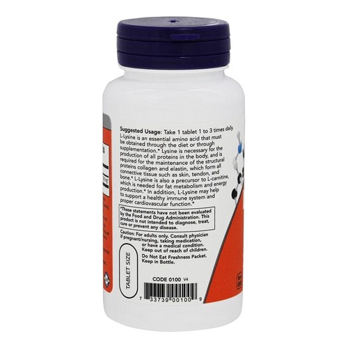 NOW Foods L-Lysine Vegetarian 500 mg., 100 Tablets - Picture 3 of 3