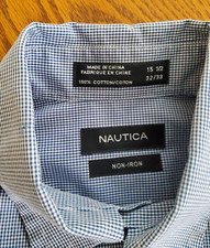 NAUTICA 100 COTTON SHIRT-15.5" BUTTON COLLAR 32"/33" SLEEVE-BLUE CHECK-NON IRON