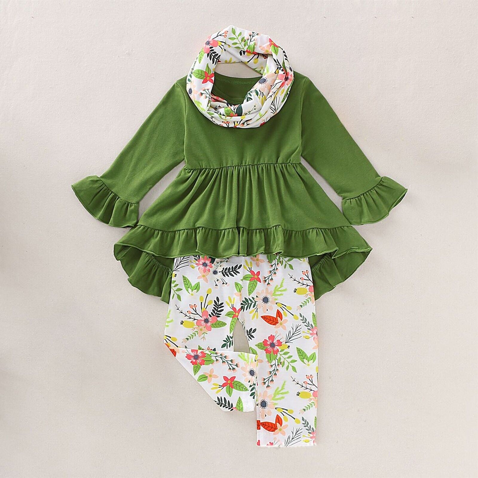Fall Baby Girl Green Top Dress Pants Leggings Scarf 3Pcs Outfits Girls Clothes