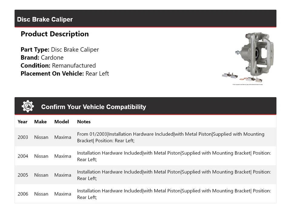 Pinça de freio a disco traseira esquerda Cardone 2004 2005 Nissan Maxima 2003-2006 - Imagem 2 de 4